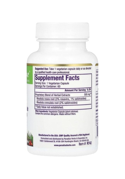 Paradise Herbs, Rhodiola, 60 Vegetarian Capsules 500 Mg Per Capsule