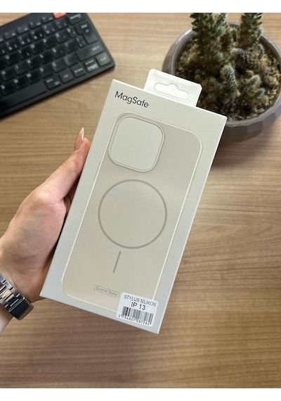 Apple Uyumlu iPhone 13 Animasyonlu Stylus Silikon Kılıf Krem
