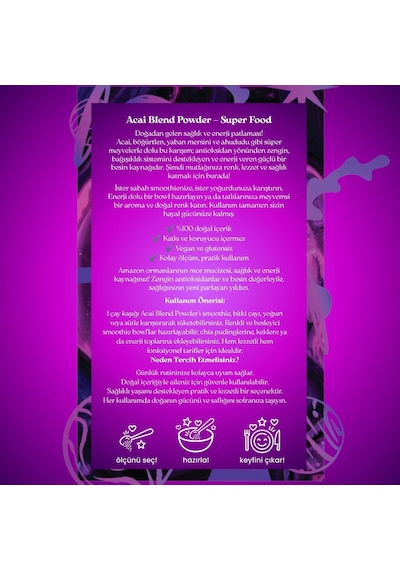 Doğal Acai Tozu - Superfood Acai Blend Powder, 50 Gr