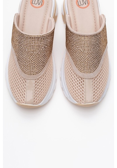 Luvishoes Glea Bej Taşlı Fileli Burnu Kapalı Kadın Terlik Bej