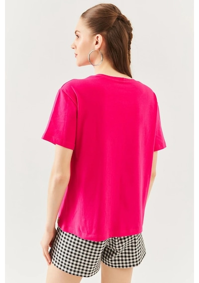 Kadın Oversize Rahat %100 Pamuklu Penye Bisiklet Yaka Kısa Kol Basic T-shirt Fuşya