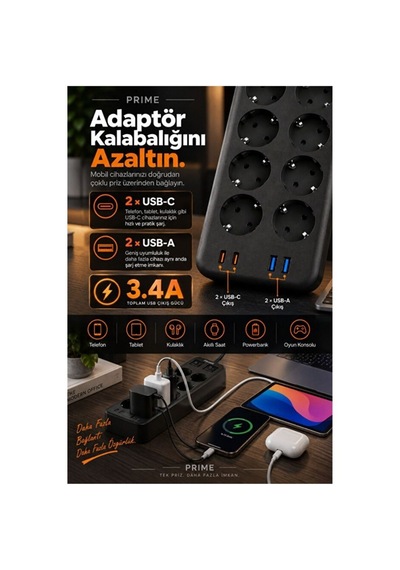10 Lu Akım Korumalı Grup Priz 3680w, 2 Usb-c + 2 Usb-a, 1050j, 2 Metre Kablo 0 - 2 M