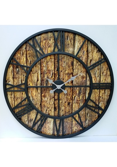 Otantik Ferforje Metal Ahşap Eskitme Duvar Saati 76Cm Ahşap