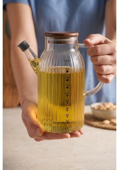 Atbyhome Akasya Kapaklı Çizgili Borosilikat Cam Yağdanlık 1000 Ml - Kulplu Damlatmaz Ölçülü Yağ Şişesi Sirkelik