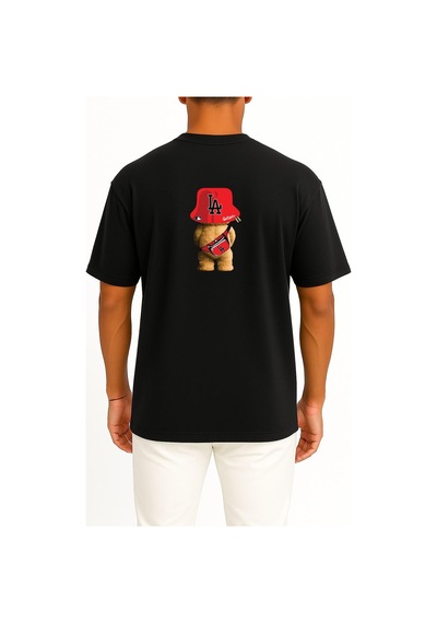 Bahriyeli Collection Oversize Oso Teddy Bear La Los Angeles Cep Ve Sırt Baskılı Unisex T-shirt Siyah