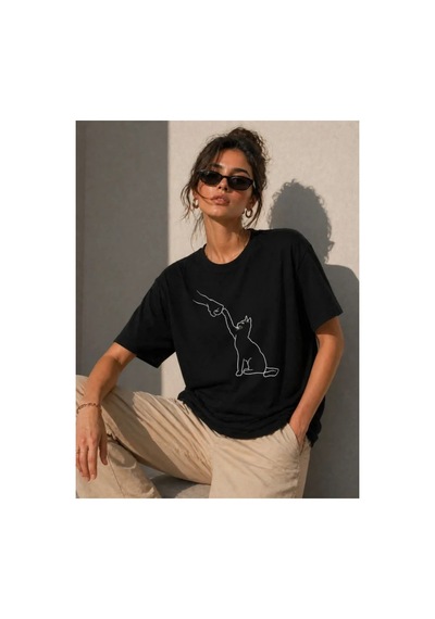 Butik İstanbul Minimal Kedi Çizim Baskılı Tişört Kısa Kol Yazlık T-shirt - Siyah