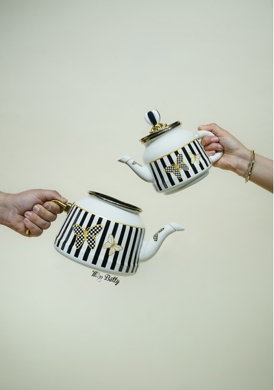 Papillon Emaye Çaydanlık Dekoratif Vintage Çaydanlık Takımı Beyaz - Siyah