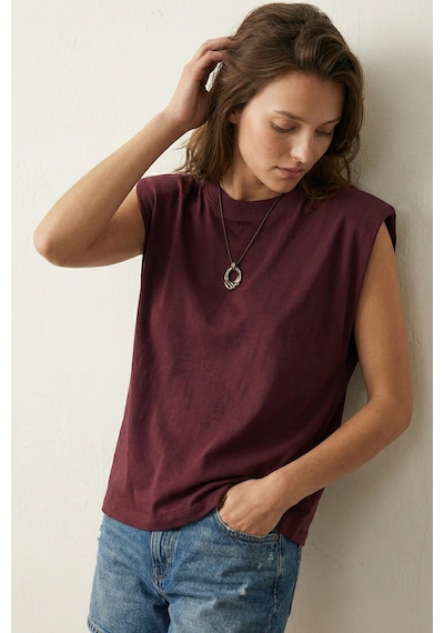 Elemge %100 Pamuk Süprem Tok Kumaş Kadın Oversize Bordo T-shirt Geniş Omuzlu Dökümlü Kolsuz Bol Kalıp