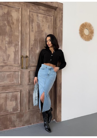 Zeo Basic Kadın Midi Boy Ön Yırtmaçlı Açık Mavi Kot Etek Mavi+açık