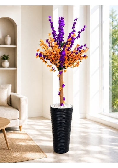 Lüks Yapay Mor Ve Turuncu Çiçekli Dekoratif Sakura Ağacı- 165 Cm Modern Siyah Dalgalı Saksıda Çok Renkli