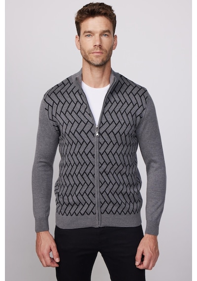 Tudors Erkek Slim Fit Dar Kesim Yarım Balıkçı Yaka Fermuarlı Önü Desenli Gri-siyah Hırka-29525-multi Gri