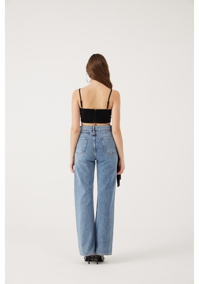 Holly Lolly Yüksek Bel Kurdele Detaylı Wide Leg Kyla Jean Pantolon Siyah