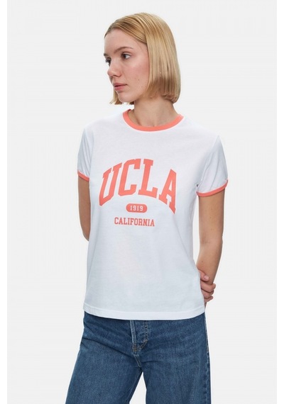 Savannah Beyaz Bisiklet Yaka Baskılı Standard Fit Kadın Tshirt Beyaz