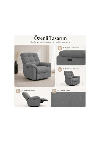 Smarto Relax Porto Comfort Elektrikli Döner Sallanan Tv Koltuğu Kontrol Panelli Ergonomik Polyester Baba Koltuğu Siyah