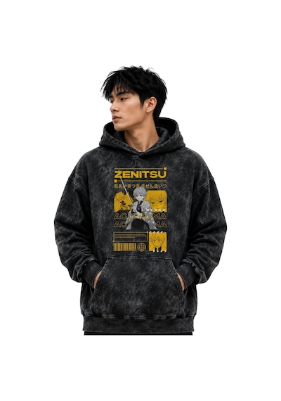 Sevbano Zenitsu Agatsuma Kimetsu No Yaiba Anime Baskılı Unisex Oversize Y Siyah