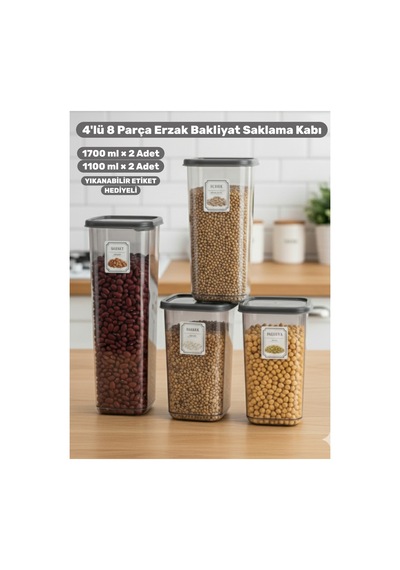 4 Adet 8 Parça Erzak Bakliyat Saklama Kabı Seti 2x1100 Ml 2x1700 Ml Mutfak Düzenleyici Gri - 771473641 Gri