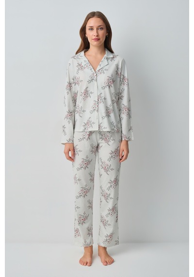 Suwen Luda Pamuklu Gömlek Yaka Pijama Takımı Wsh105101591287 Ekru Çizgili Suwen Luda Pamuklu Gömlek Yaka Pijama Takımı Wsh105101591287 Ekru Çizgili