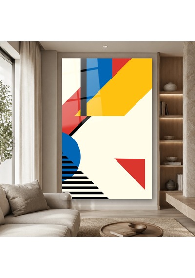 Mavi Daireli Bauhaus Kompozisyonu Çerçevesiz Cam Tablo