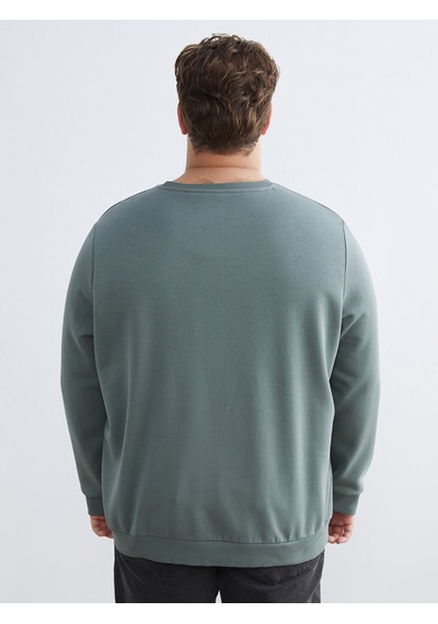 Lcwaıkıkı Classic Yeşil Büyük Beden Bisiklet Yaka Baskılı Erkek Kalın Sweatshirt