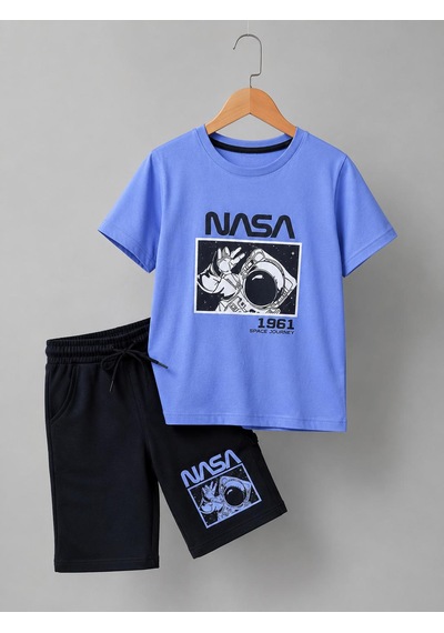 Durukoza Erkek Çocuk Nasa Baskılı Şortlu Takım Mavi Siyah Yazlık Takım 6-14 Yaş
