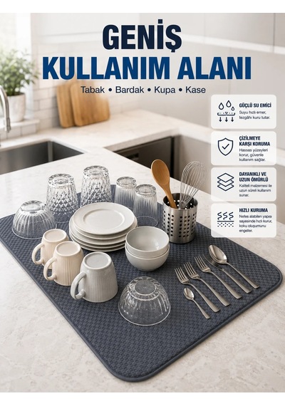 Mikrofiber Bulaşık Kurutma Matı Yüksek Su Emici Mutfak Kurutma Örtüsü Koyu Mavi