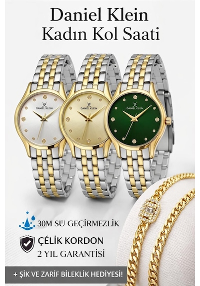 Daniel Klein 2 Yıl Garantili Çelik Kordon 30 Mt Suya Dayanıklı Dkk.10150-2 Sarı  Kadın Kol Saati + Bileklik
