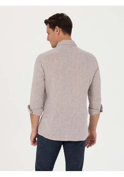 Cacharel Kahverengi Slim Fit %100 Keten Gömlek
