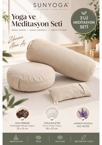 3 Lü Yoga Meditasyon Seti Karabuğday Dolgulu Zafu Minder, Bolster Ve Lavantalı Göz Yastığı Ekru