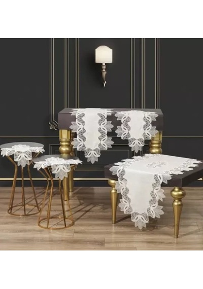 Salon Takımı Çeyizlik Kayla Model Krem-gold 5 Parça Keten Dantelli Runner Seti