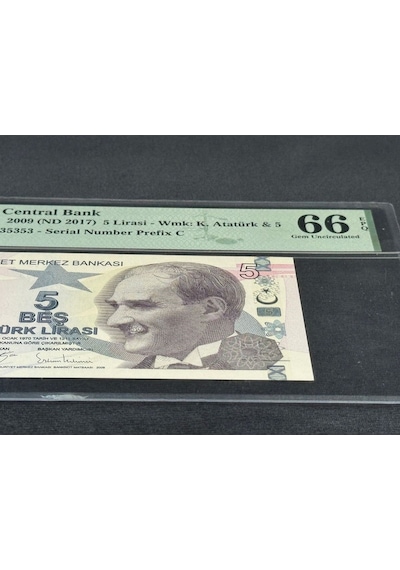 Türk Lirası 5 Tl Tekrarlanan Rakamlar Sn C513 53 53 53 P 222c 2009 Nd2017 Pmg 66 Epq Gem Unc Çi