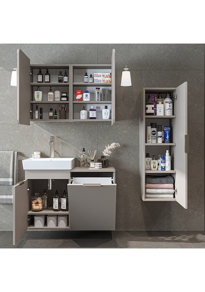 Dubai Mdflam Sepetli Banyo Dolabı Seti, Lavabolu Alt Dolap + Aynalı Banyo Üst Dolabı + Boy Dolabı Kumtaşı Dubai Mdflam Sepetli Banyo Dolabı Seti, Lavabolu Alt Dolap + Aynalı Banyo Üst Dolabı + Boy Dolabı Kumtaşı