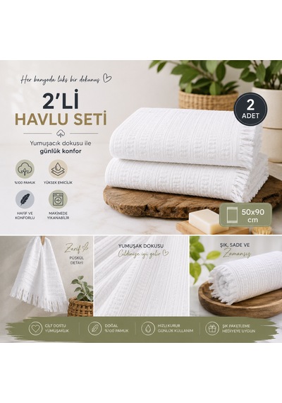 2'li Yüz Havlusu Seti 50x90 Cm Pamuklu El Havlusu Püsküllü Yumuşak Dokulu Yüksek Emici Günlük Kullanım Beyaz