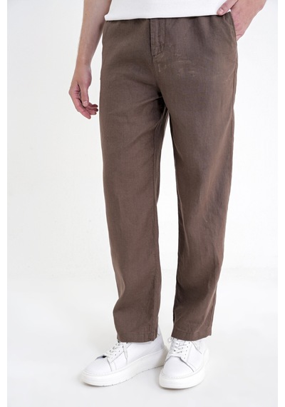 Oversize Kalıp Yan Cep Beli Lastikli Vizon Keten Pantolon P 1216