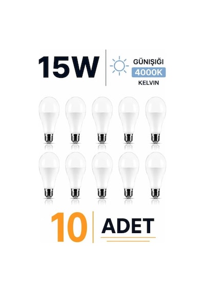 E27 15w Led Ampul 4000k Günışığı 10 Adet Led Lamba Genel