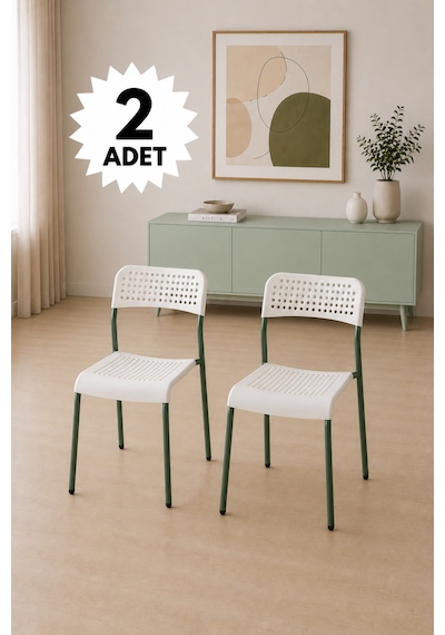Mira Beyaz/ Yeşil Sandalye Plastik Gövdeli Metal Ayaklı, Mutfak Sandalyesi, Çalışma, Bahçe, Yemek Oda Beyaz/yeşil- 2 Adet