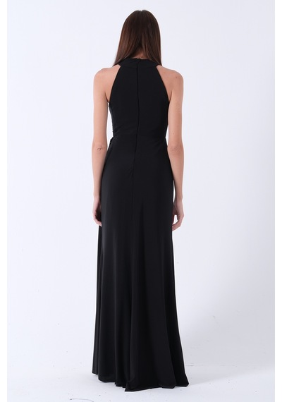 Feminist Siyah Halter Yaka Drapeli Beli Gold Toka Detaylı Straplez Abiye 9705862