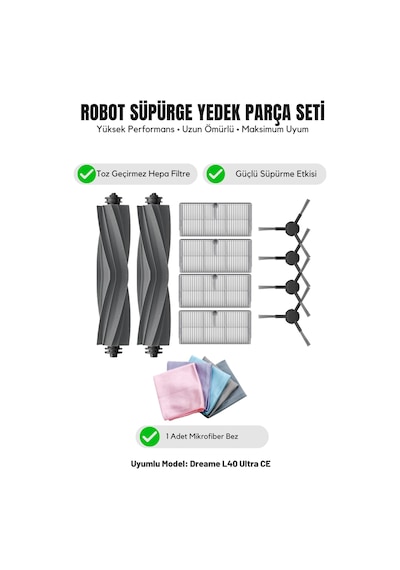 Dreame L40 Ultra Ce İle Uyumlu 2 Ana Fırça 4 Yan Fırça 4 Filtre 1 Temizlik Bezi 12.0