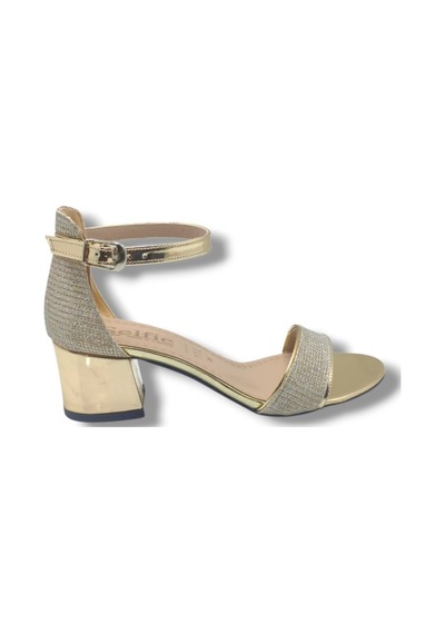 Selfie 4270-26 Simli Rugan Tek Bant Orta Topuk Fashion Kadın Sandalet 5,5cm Altın
