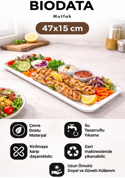 47x15 Cm Uzun Beyaz Melamin Tavuk Sunum Tabağı Kebap, Makarna, Meze Servis Tabağı Beyaz
