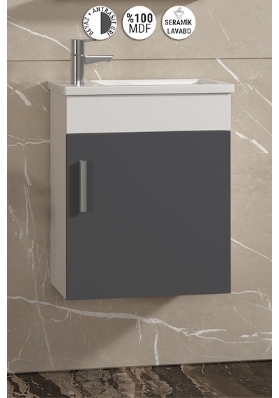 Lale 42x24 Cm Beyaz-antrasit Gri Mat Mdf Seramik Lavabolu Asma Banyo Alt Dolabı