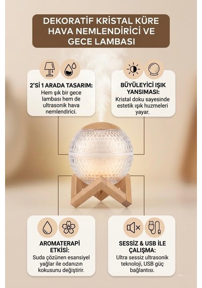 Ahşap Standlı Led Işıklı Aroma Difüzörü Ultrasonik Nemlendirici & Gece Lambası