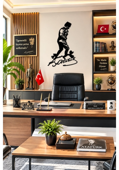 Kemal Atatürk İmzalı Metal Duvar Tablosu Lazer Kesim Siyah Metal Dekor Ofis, Ev Ve Makam Odası Duvar Süsü Siyah Ataturk