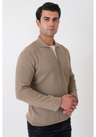 Comfort Fit Fermuarlı Torba Cepli Yünlü Bej Hırka Tr 896