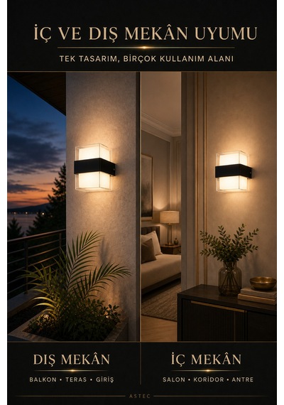 Astec Elektrikli Elit 12w Kare Led Duvar Aplik Suya Toza Dayanıklı 3200k Gün Işığı İç Dış Mekan Balkon Bahçe