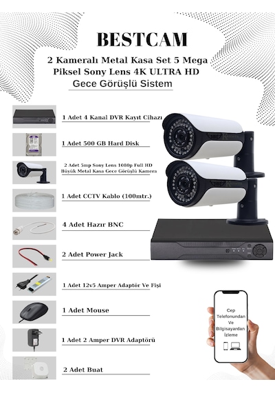2 Kameralı Metal Kasa Set 5 Mp Sony Lensli 4k Ultra Hd 500 Gb Hdd