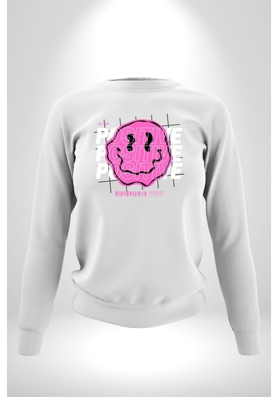 Positive Enerji Emoji Gülen Surat Unisex Beyaz Sweatshirt Beyaz