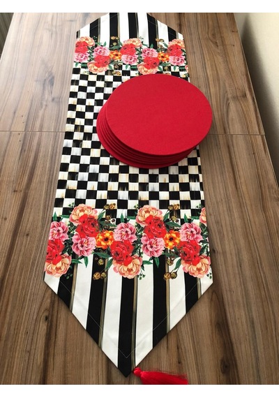 Kırmızı Gül Desenli Runner & Supla Çok Renkli