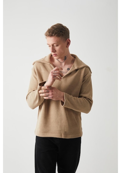 R-5850 Yaka Detaylı Örme Sweat Vizon