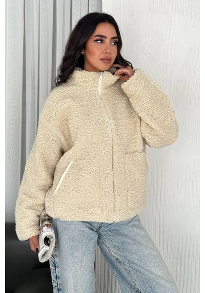Kadın Fermuarlı Oversize Astarlı Peluş Ceket Yumuşak Dokulu & Konforlu Stil Bej