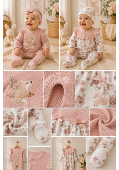 Altıntaş Baby %100 Organik Pamuklu Pudra Garden Flowers Kız Bebek 2'li Tulum Takım Seti Garden Pembe Garden Pembe